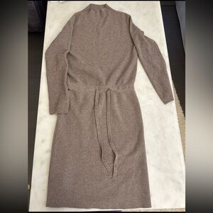 Pure Wool Knit Sweater Dress Ribbed Top Midi Dress Taupe Size S